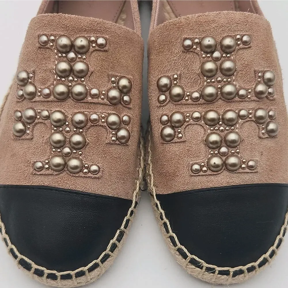 Tory Burch Pearl Logo Flat Espadrilles Pink Suede Black Leather Cap Toe size 6